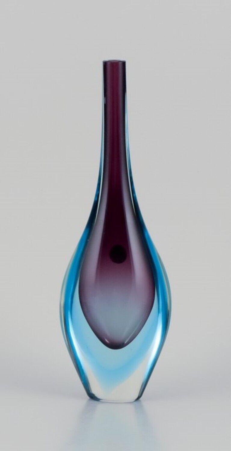 Murano Italy Art glass vase with a slender neck Blue and purple glass