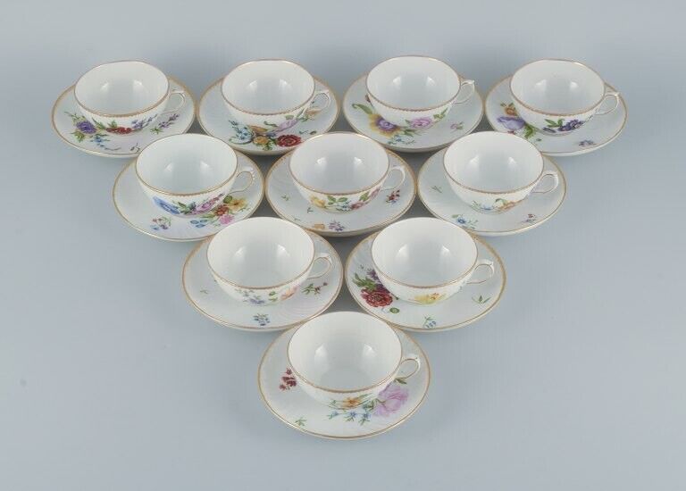 Royal Copenhagen Saxon Flower A set of ten antique teacups and saucers