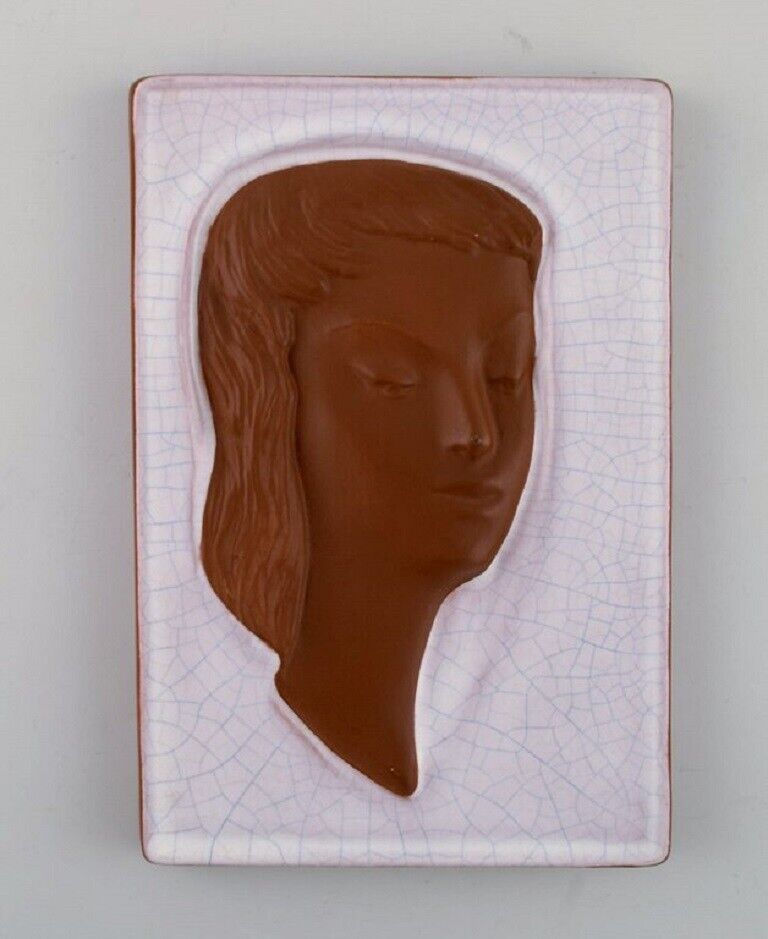 Goldscheider Art Deco relief in glazed ceramics with woman's face Austria 1950s