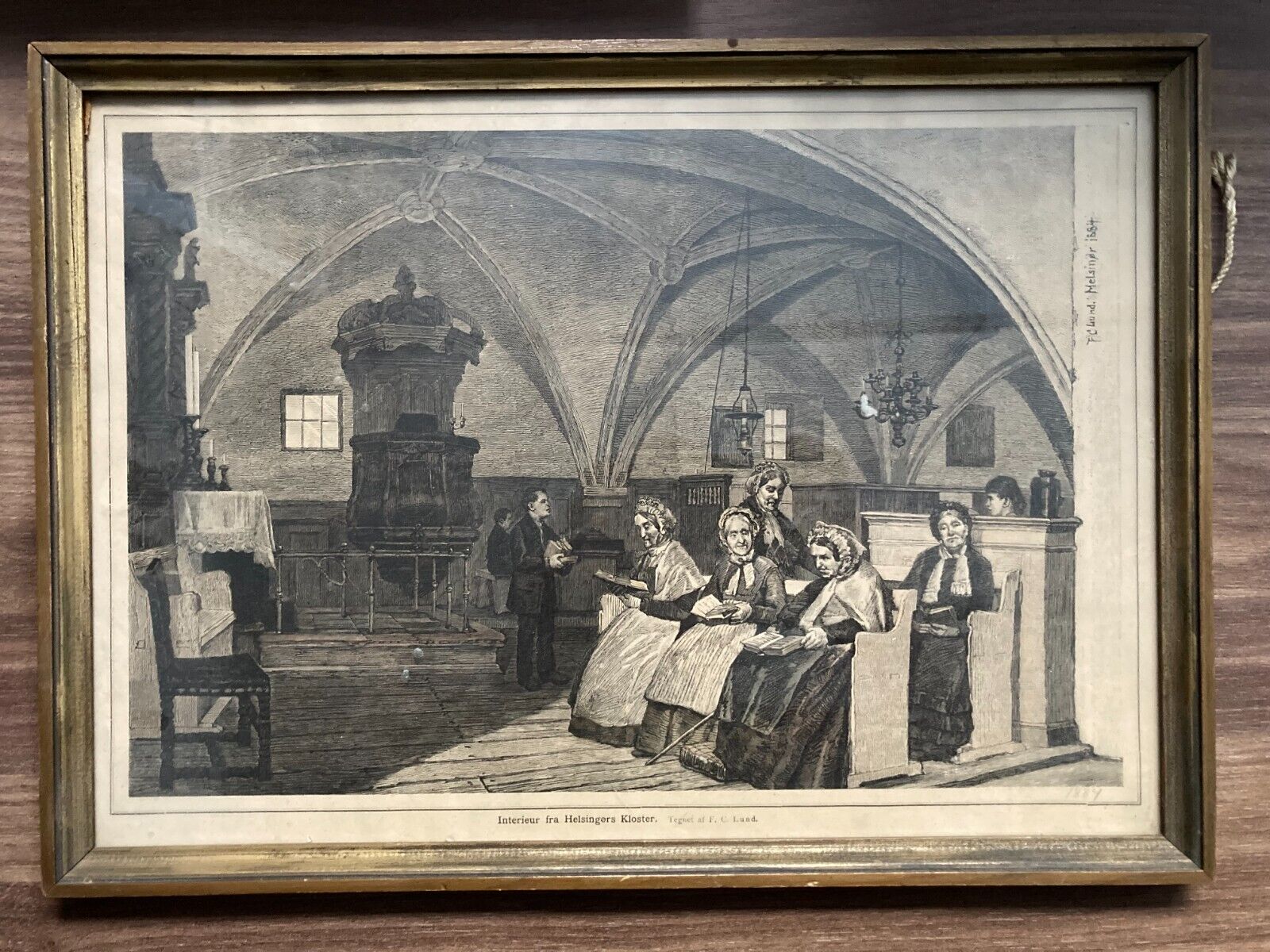 Elsinore Monastery Drawing Danish Artist FC Lund 1884 L38cm x H28 Glass Framed