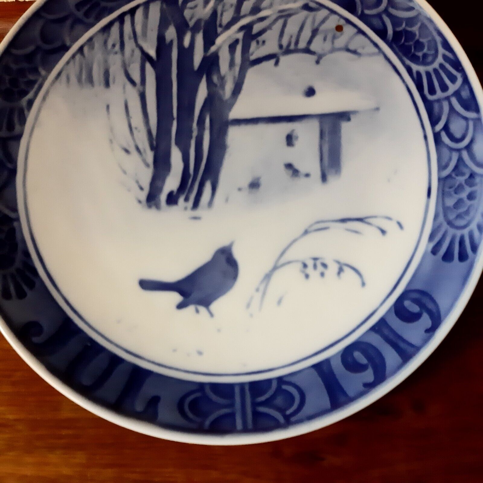 Antique 1919 Christmas Plate Birds in Snow Garden ROYAL COPENHAGEN glazing error