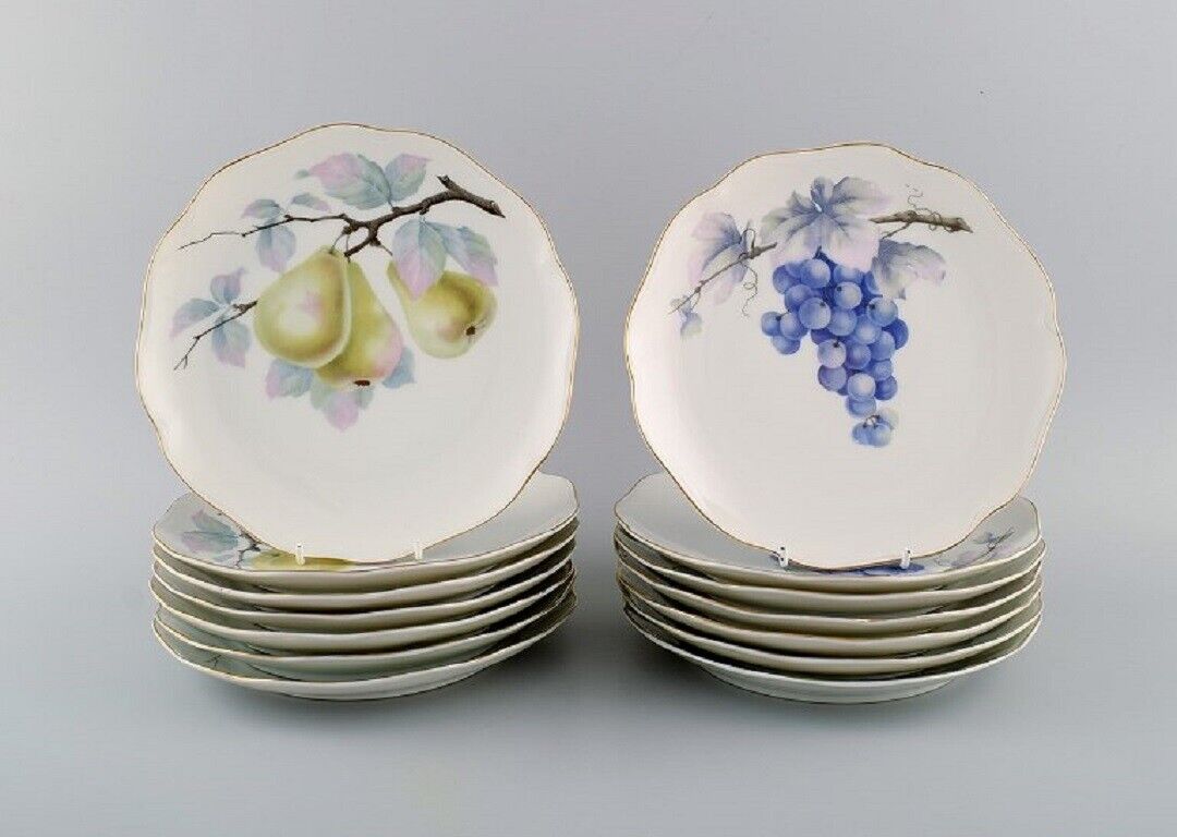 Kronach Germany 14 porcelain plates with hand-painted fruits 1940s