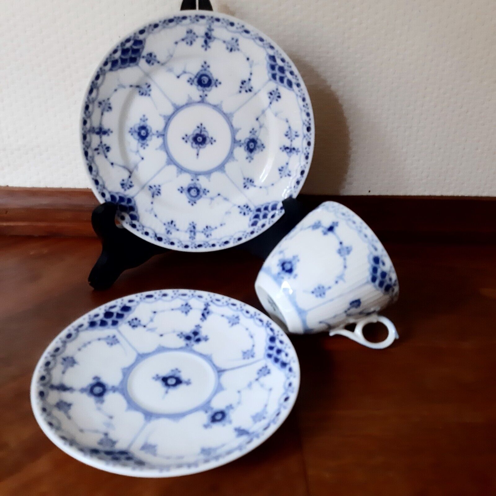 OLD Trio Coffee Set BLUE FLUTED HALF LACE Royal Copenhagen # 1-719  1-653 1st