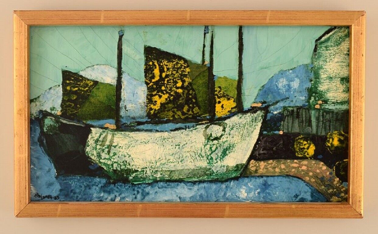 Sven Ahlgren (1922-1997) Sweden Oil on board Landscape with fishing boat