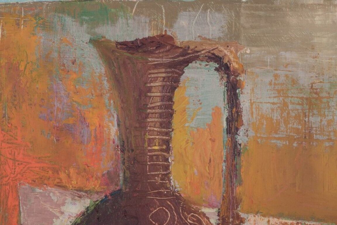 Swedish artist Oil on board Modernist still life with a pitcher and lemon