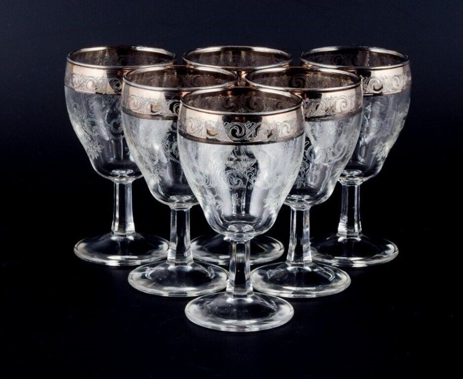 Murano Italy six mouth-blown and engraved port wine glasses with silver rim