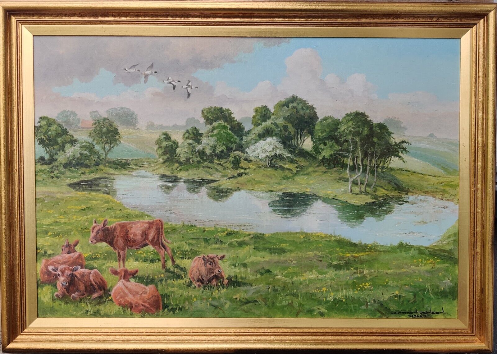 Leif Rafn Jensen (1911-1993): COWS AND GEESE AT A WATERHOLE original oil