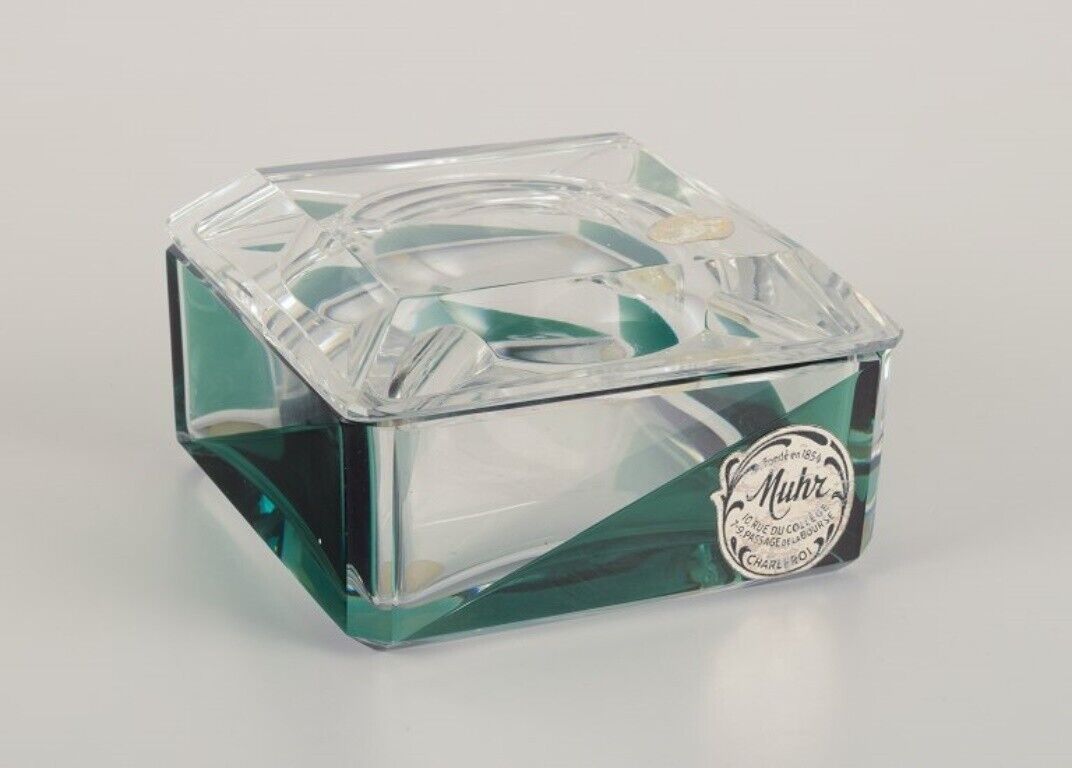 Val St Lambert Belgium Lidded box in art glass Faceted clear and green glass