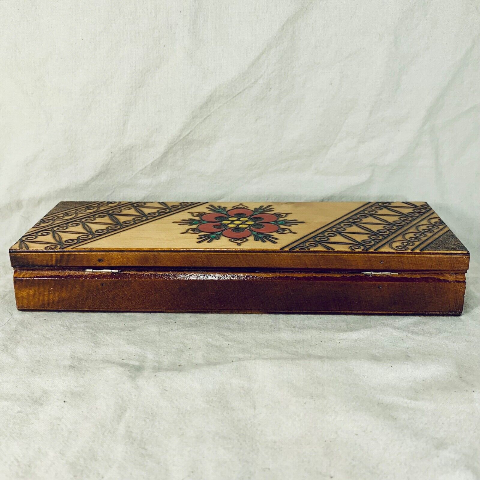 Vintage Russian Pyrography Painted Burned Wood Trinket Box Flower 21x8cm