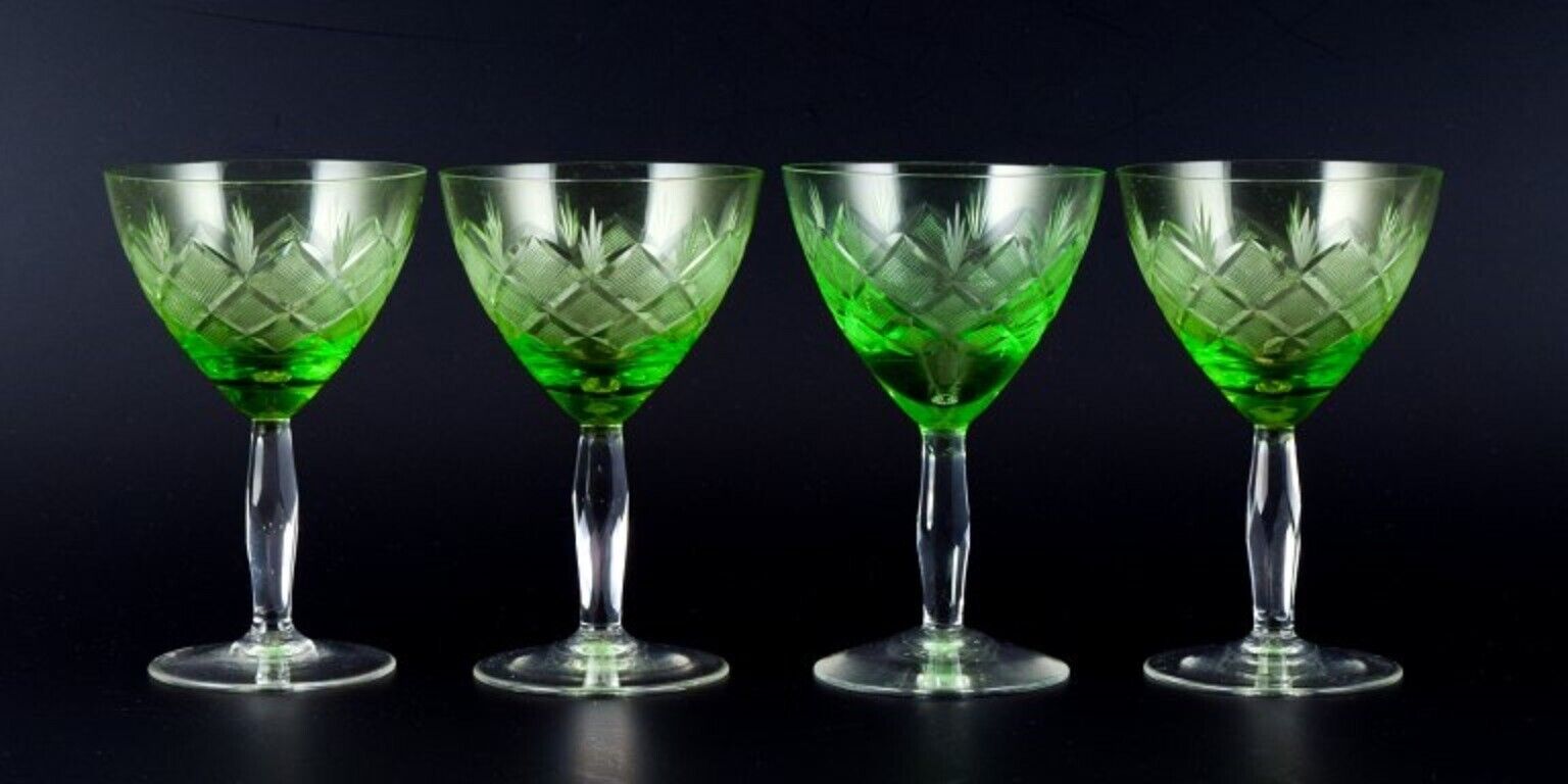 "Wien Antik" Lyngby Glas Denmark Four green white wine glasses 1930/40s