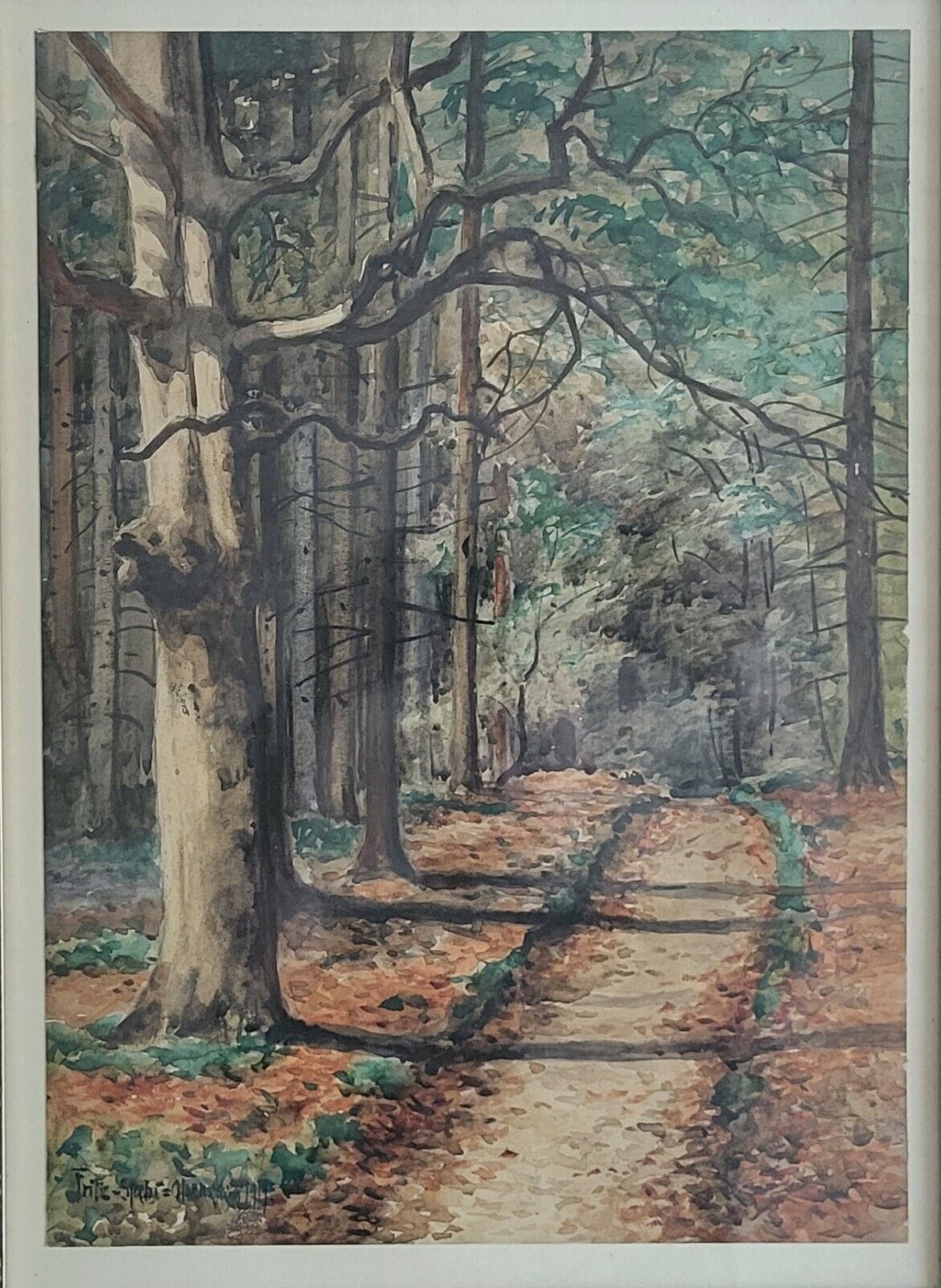 Antique watercolor Fritz Staehr-Olsen(1858-1922): ”Autumn trail” (1919)