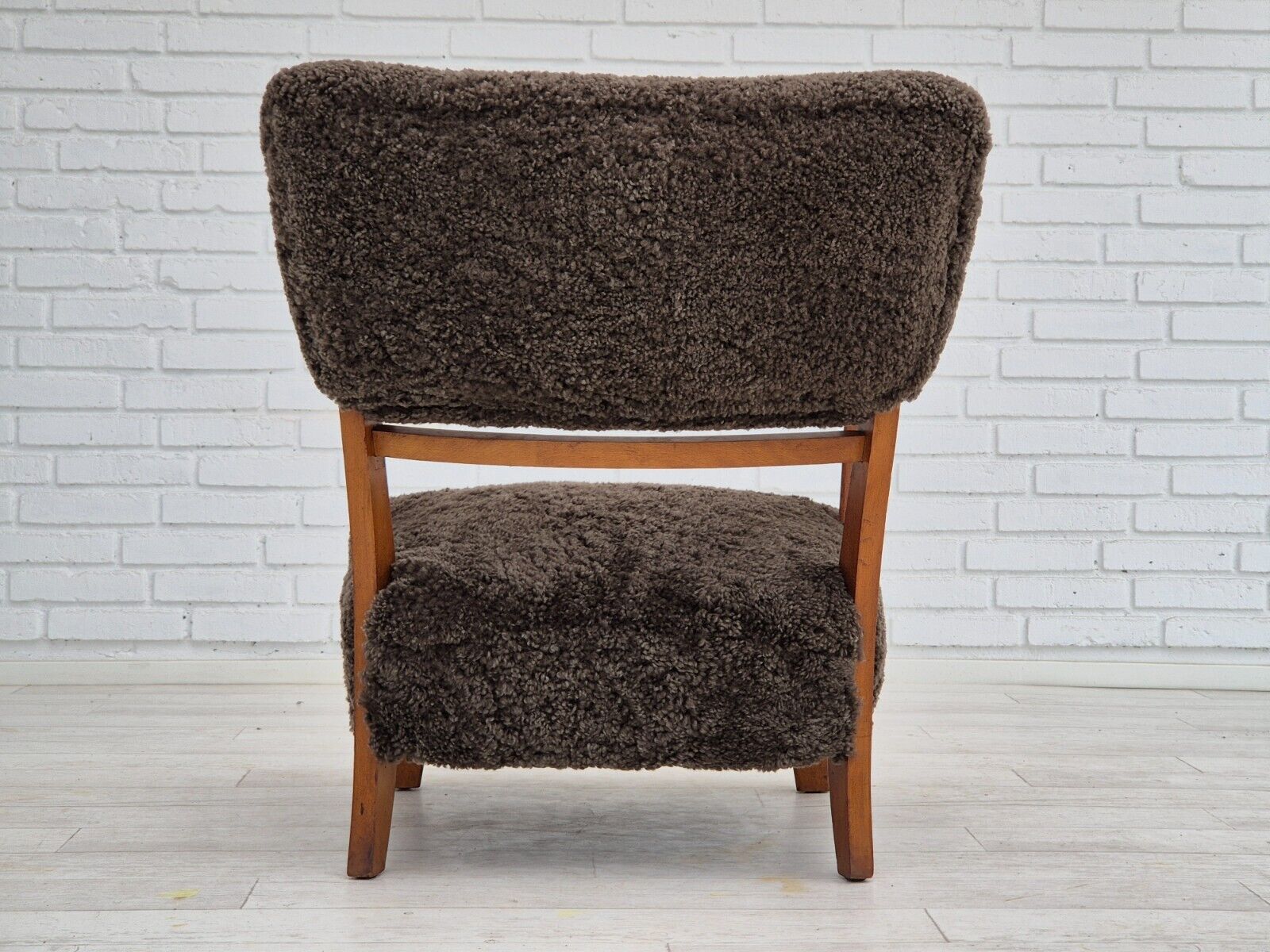 1950s Danish design reupholstered armchair New Zealand sheepskin oak wood