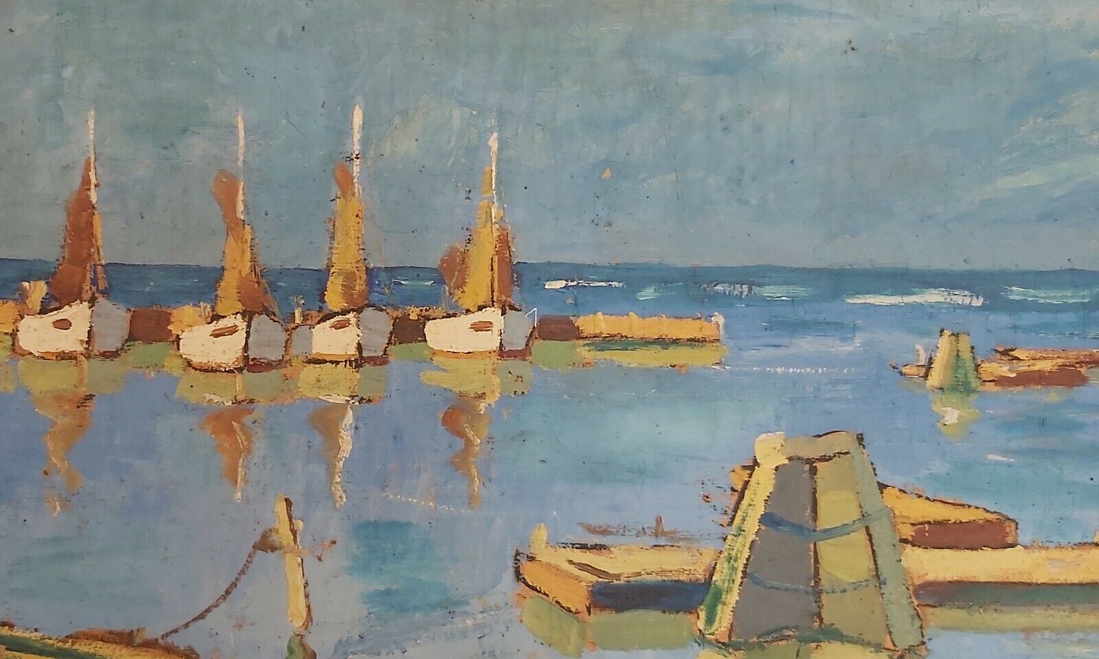 FISHING TRAWLERS DOCKED IN  HARBOR Original oil painting