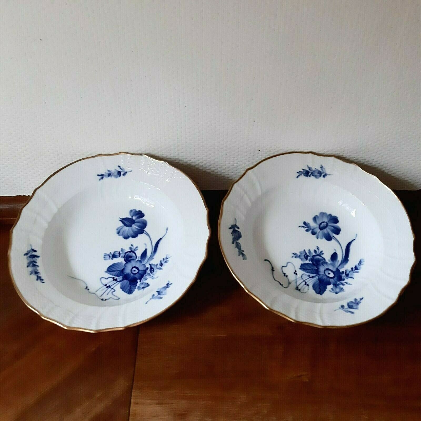 2 Soup Plates/ Bowls BLUE FLOWER Curved w Gold  # 10-1616 Royal Copenhagen 1st