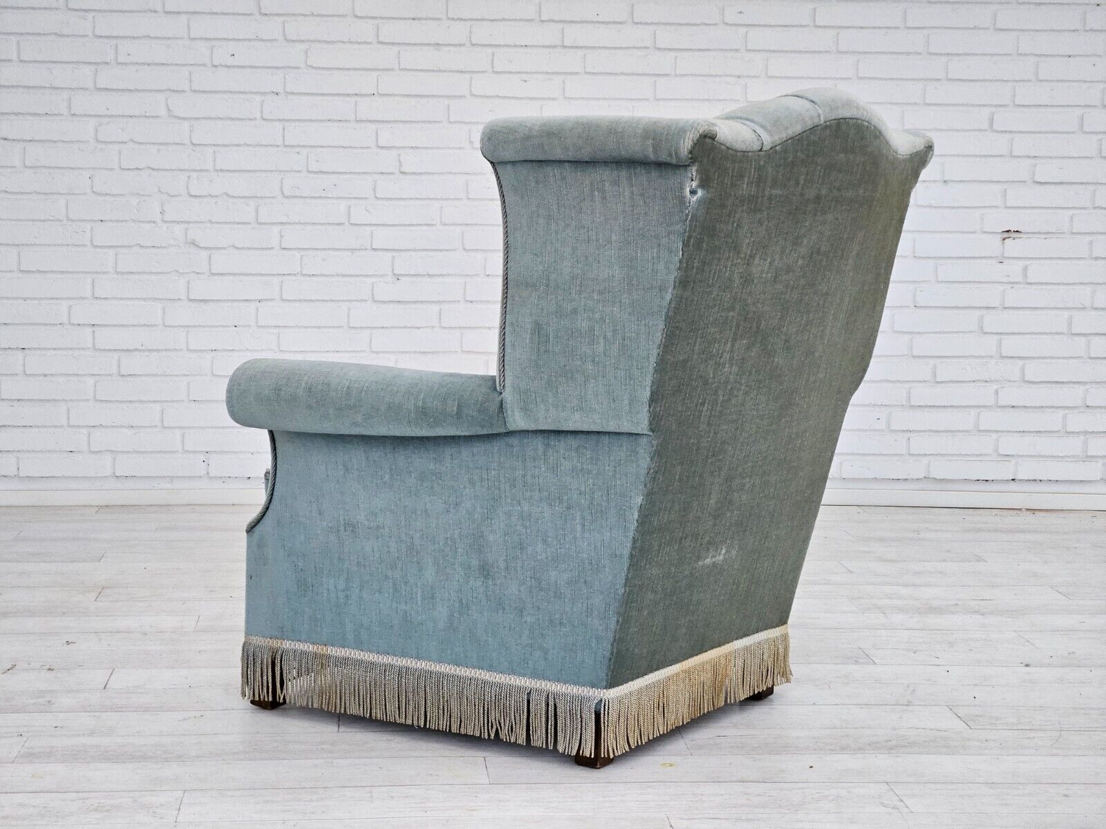 1960s Danish wingback armchair light blue velour original good condition