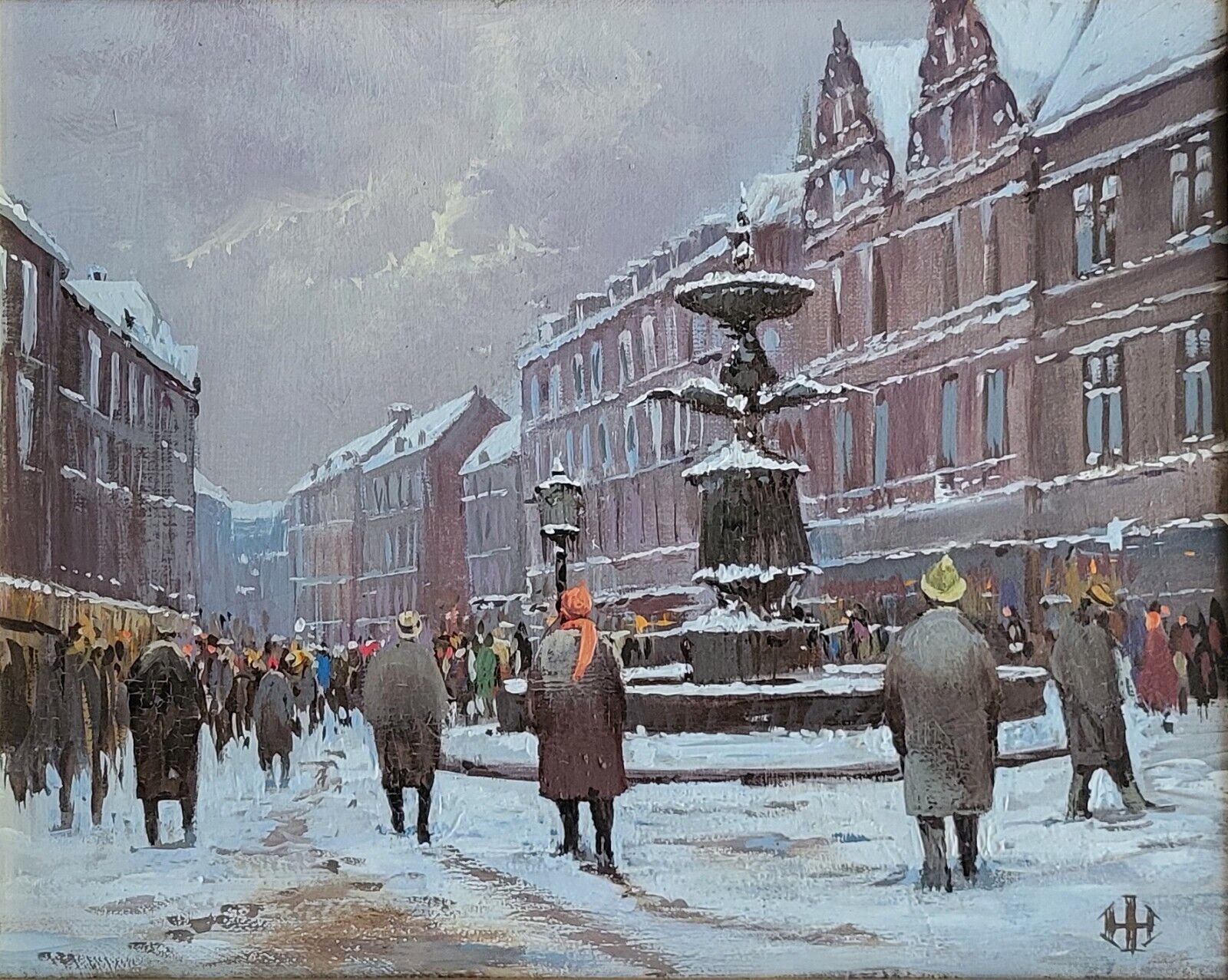 Oil painting Unknown artist: ”Winter at the Stork fountain in Copenhagen”