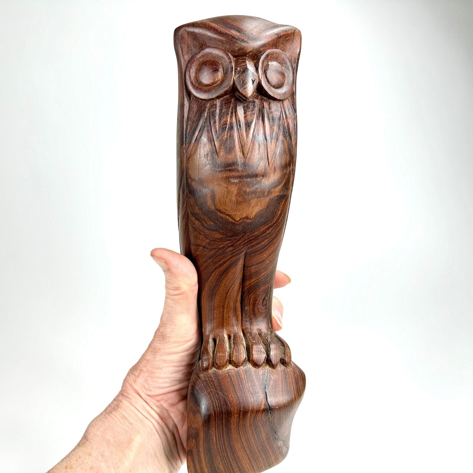 Vintage Hand Carved Teak Wood Owl Figurine 70s Bird Sculpture