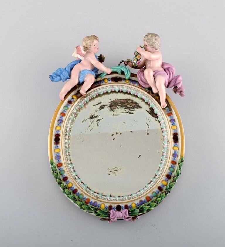 Antique Meissen porcelain mirror with original glass Decorated with putti