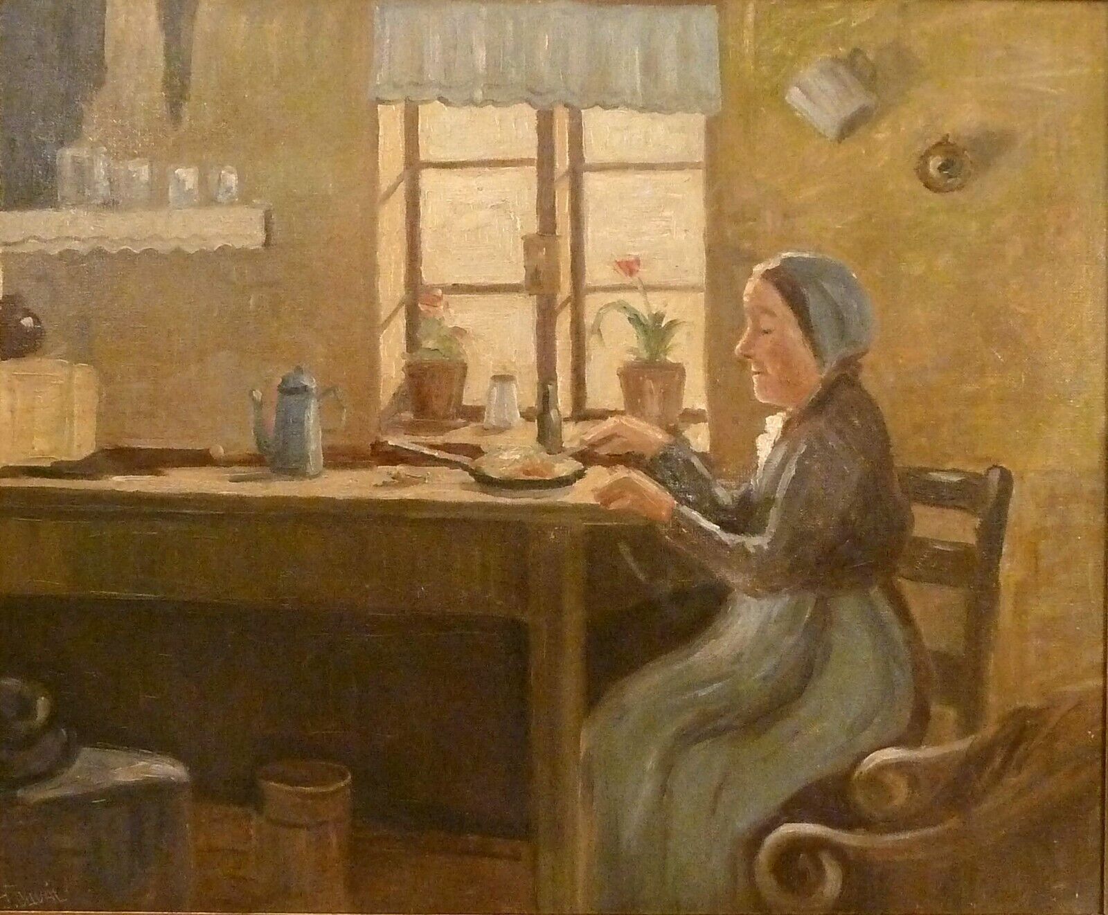 J DUVAL! INTERIOR WITH OLDER WOMAN PREPARING DINNER