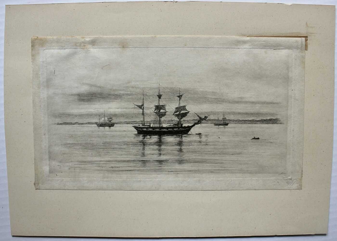 Carl Bloch etching Ships near the Swedish coast 1884 RARE early print