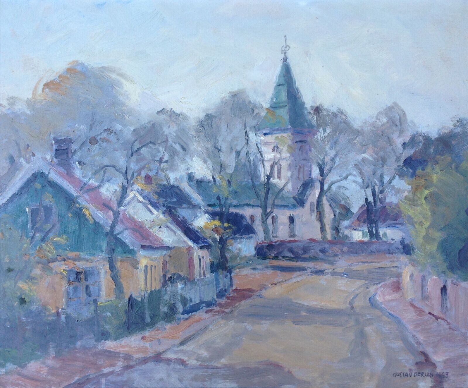 Gustav Berlin (1905-1988): village with a church dated 1963