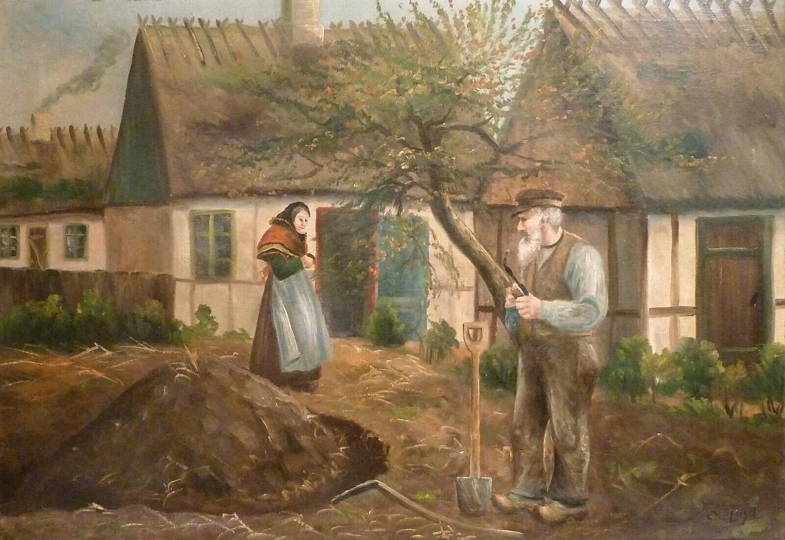 OLE LIND! FARMHOUSE EXTERIOR WITH FARMER AND WIFE IN THE GARDEN