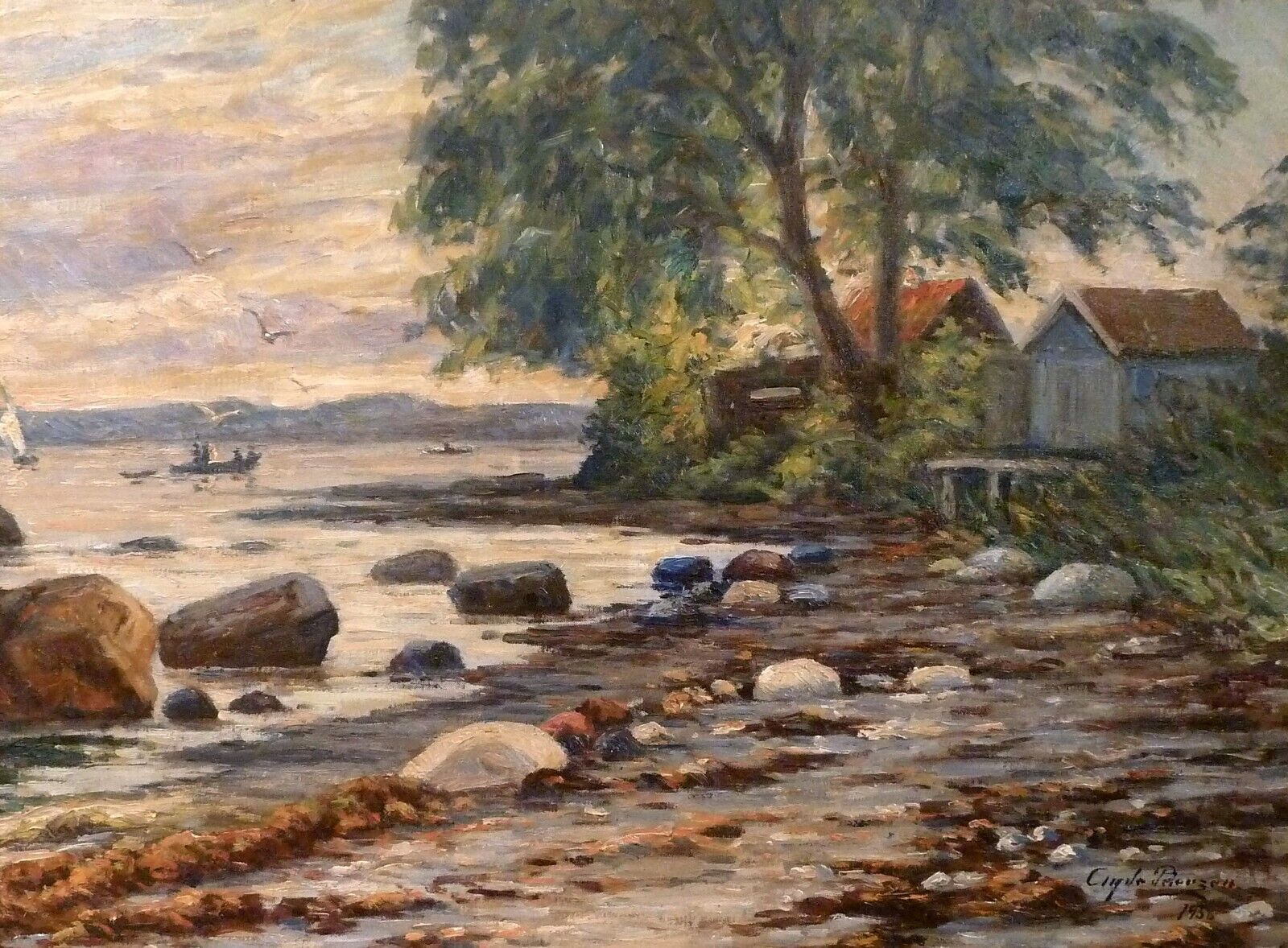 HANS GYDE PETERSEN! COAST LANDSCAPE WITH BOATS AND HOUSE