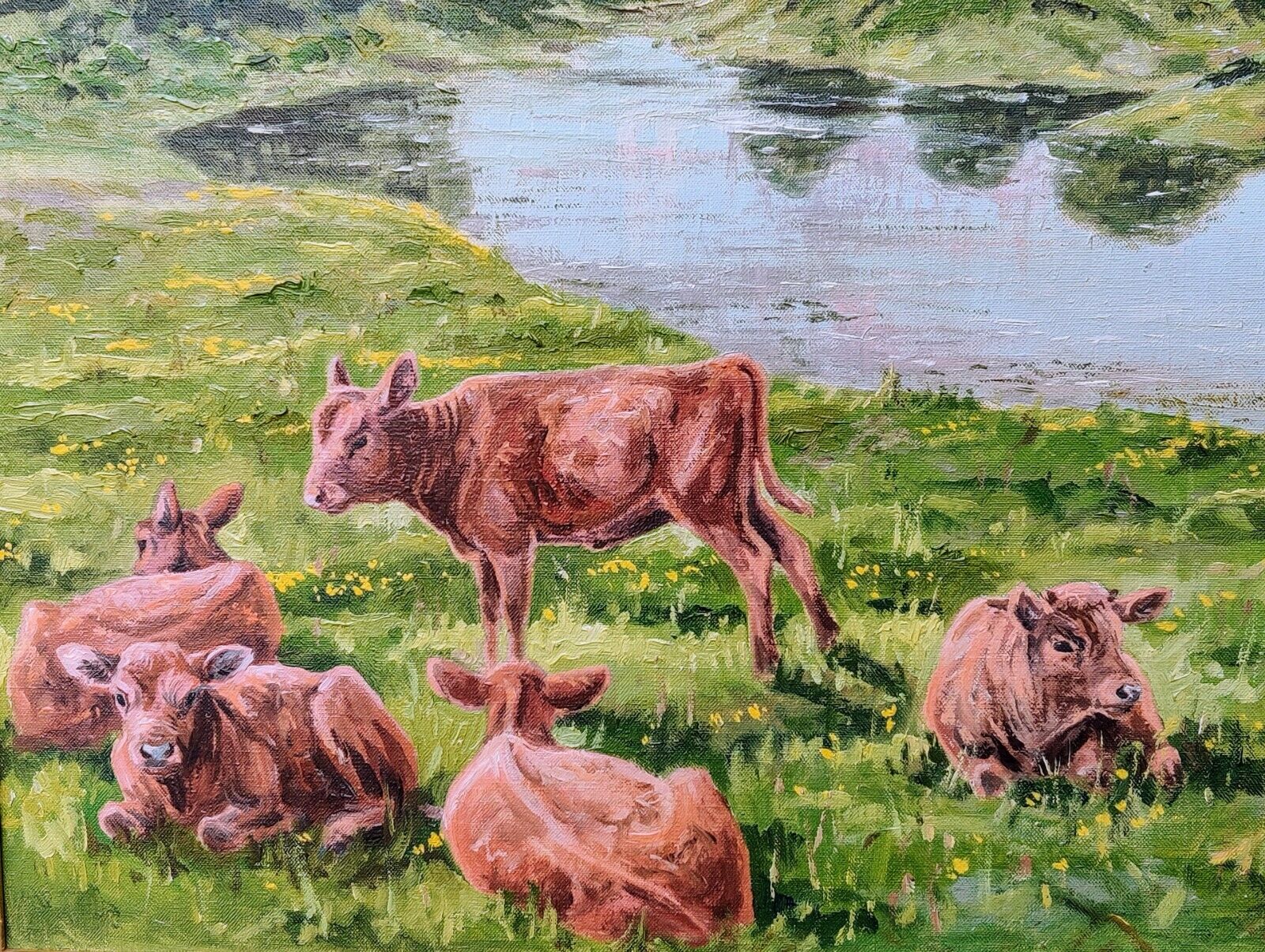 Leif Rafn Jensen (1911-1993): COWS AND GEESE AT A WATERHOLE original oil