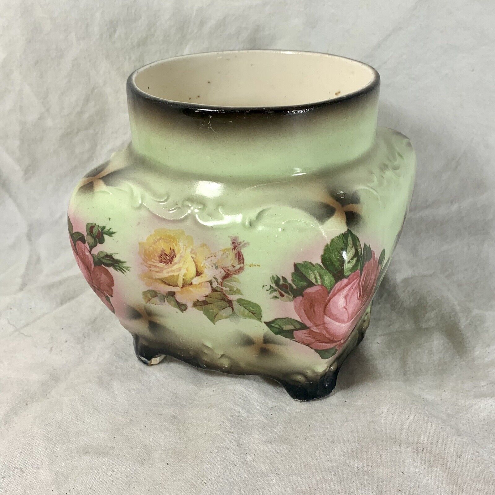 Vintage mint green planter with pink and yellow floral design 11x10cm