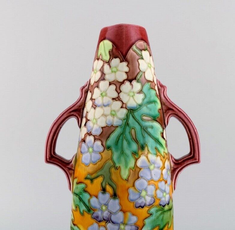 Large antique Art Nouveau vase with handles in glazed ceramics