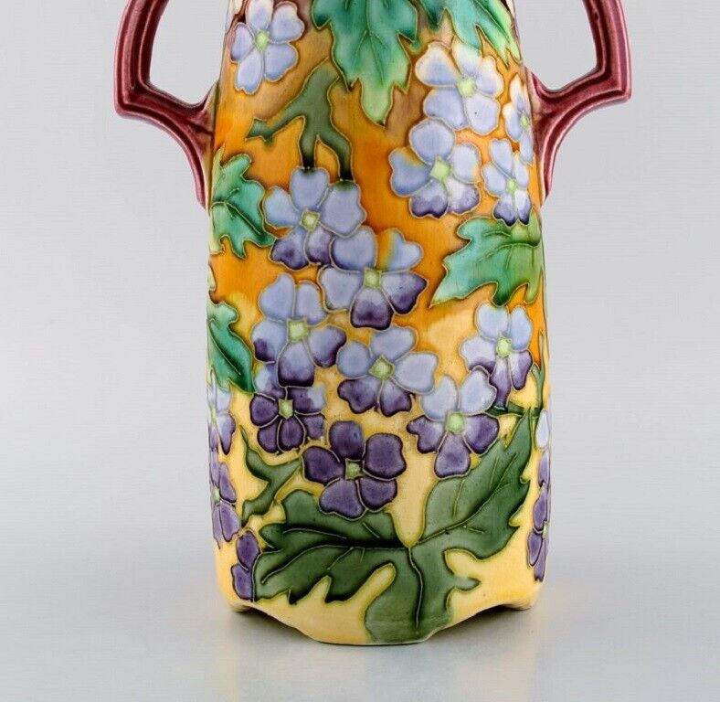 Large antique Art Nouveau vase with handles in glazed ceramics