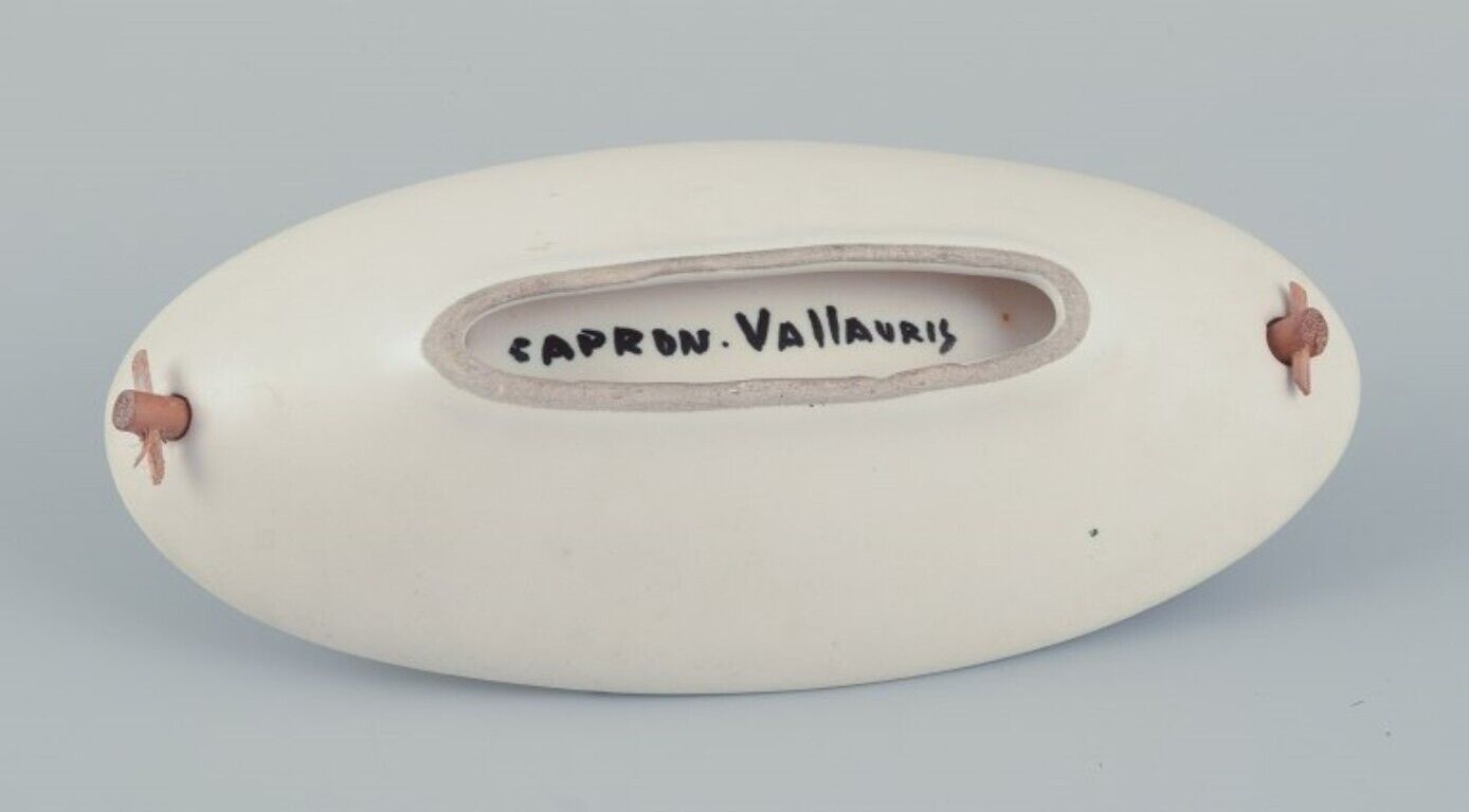 Roger Capron for Vallauris Modernist ceramic bowl with a bamboo handle