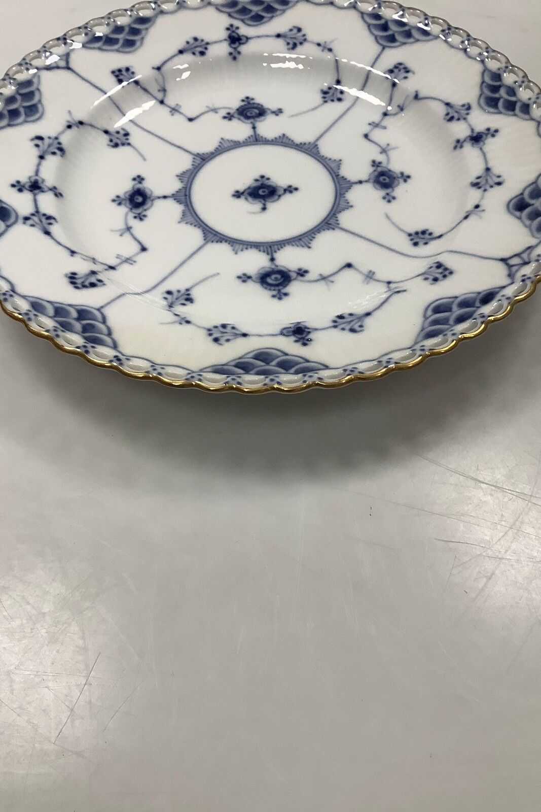 Royal Copenhagen Blue Fluted Full Lace Plate with gold No 1085