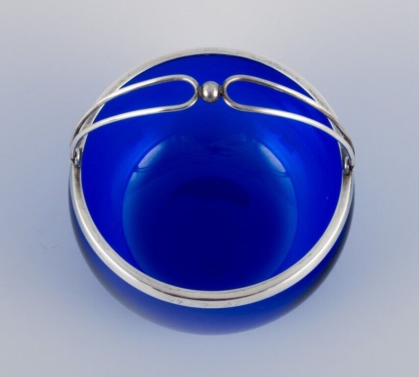 Svend Toxværd Danish silversmith Sugar bowl blue art glass and Danish silver