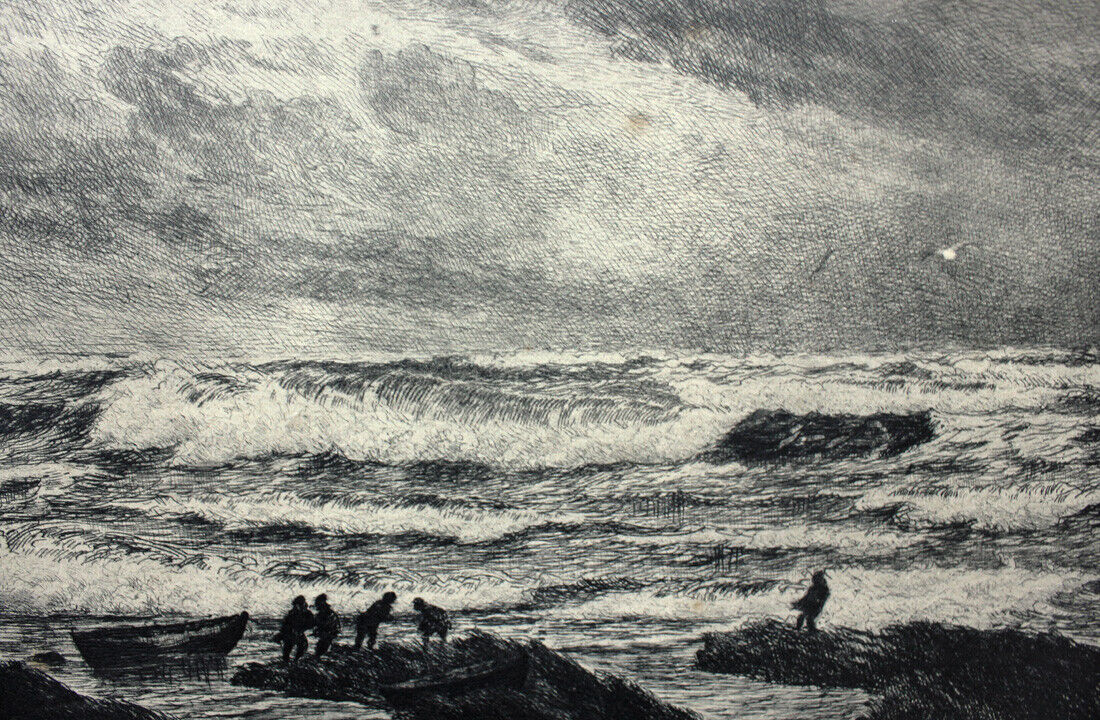 Carl Locher etching Fishermen on the Skagen beach in stormy weather 1900