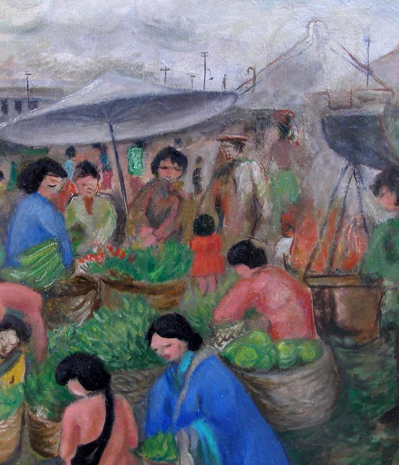 J Soedhiono (1930)  Busy Market scene Jakarta Indonesia Dated 1957