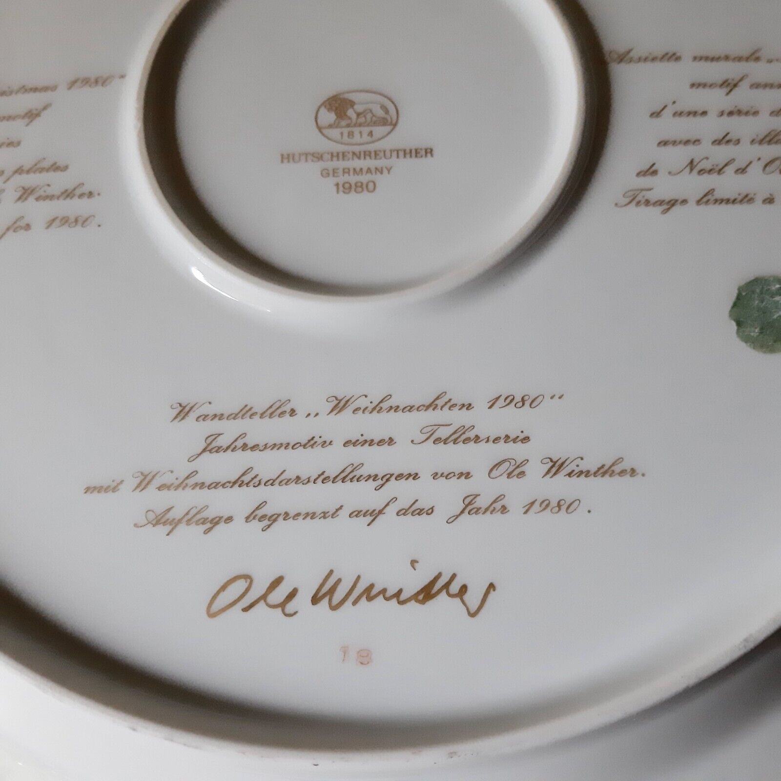 1980 Wall Christmas Plate Ole Winther Hutschenreuther  Weihnachtsteller