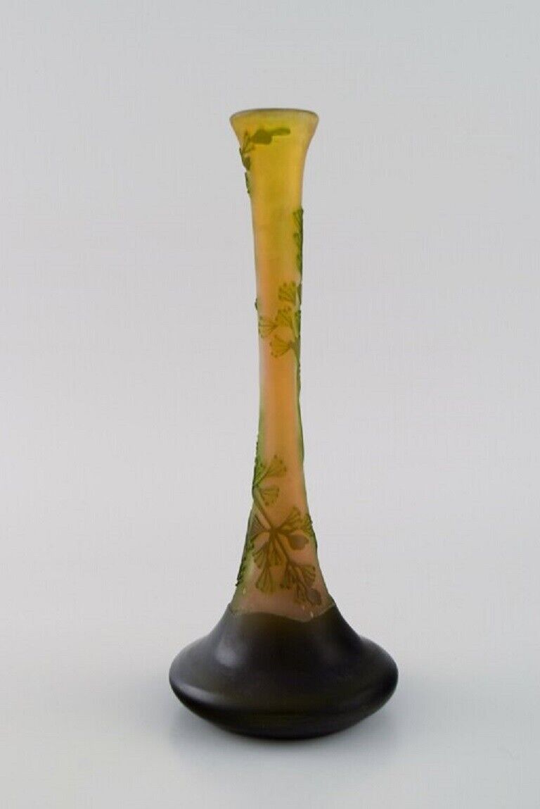 Antique Emile Gallé vase in yellow frosted and green art glass