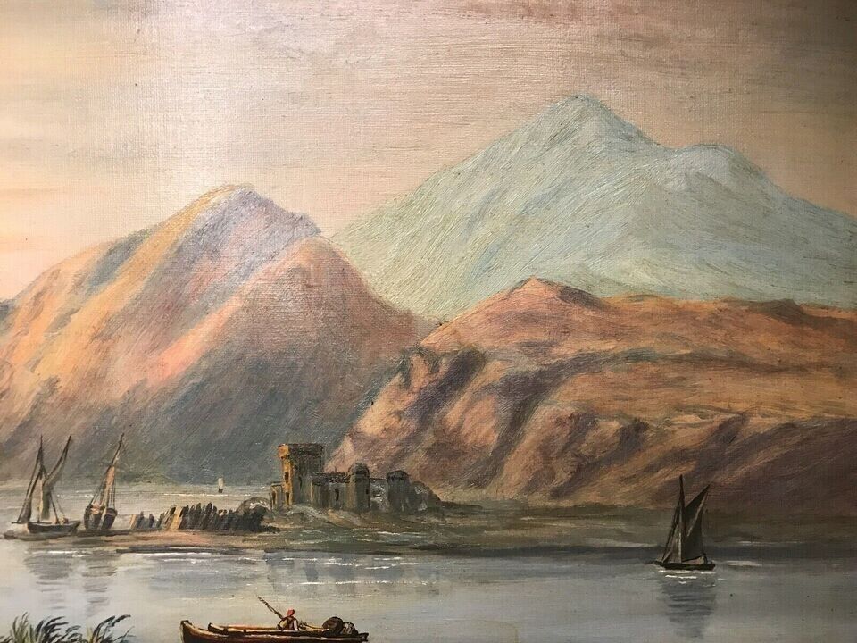 BOAT ON A MOUNTAIN LAKE Antique oil painting Beautiful frame