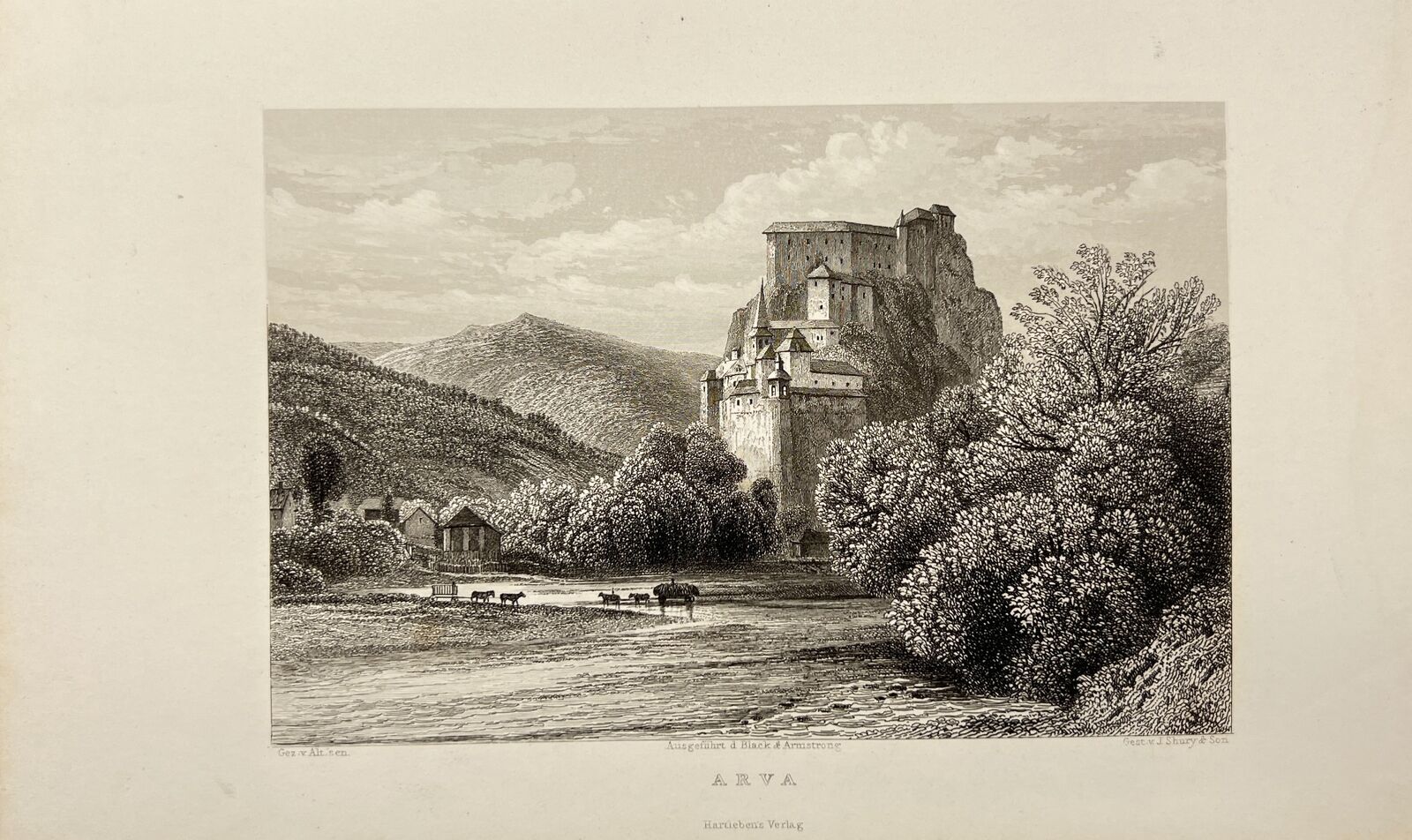 Original Antique Engraving - Shury  Son - View of Orava Castle in Slovakia - E5