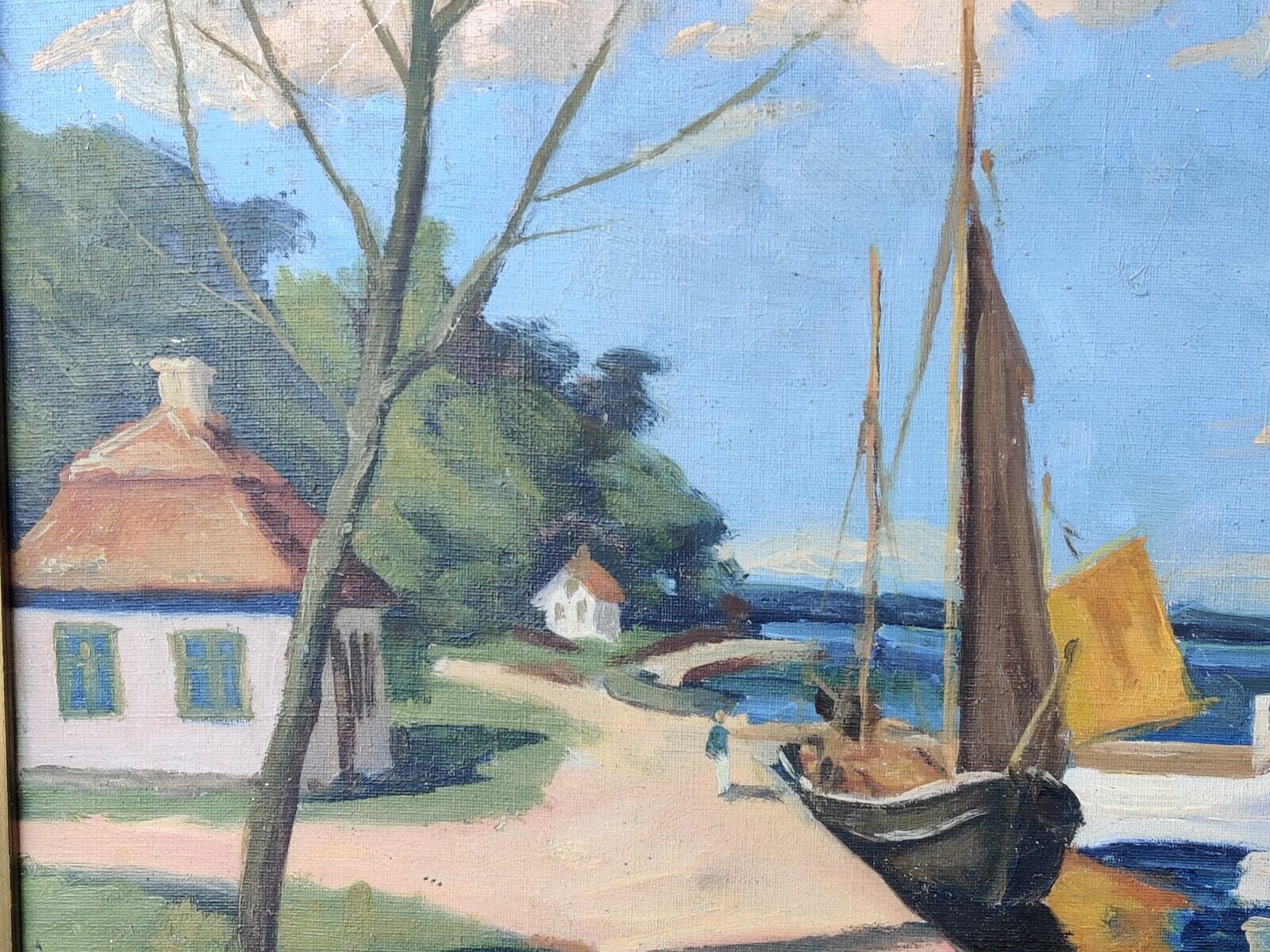 COASTAL LANDSCAPE WITH SAILBOAT original oil painting