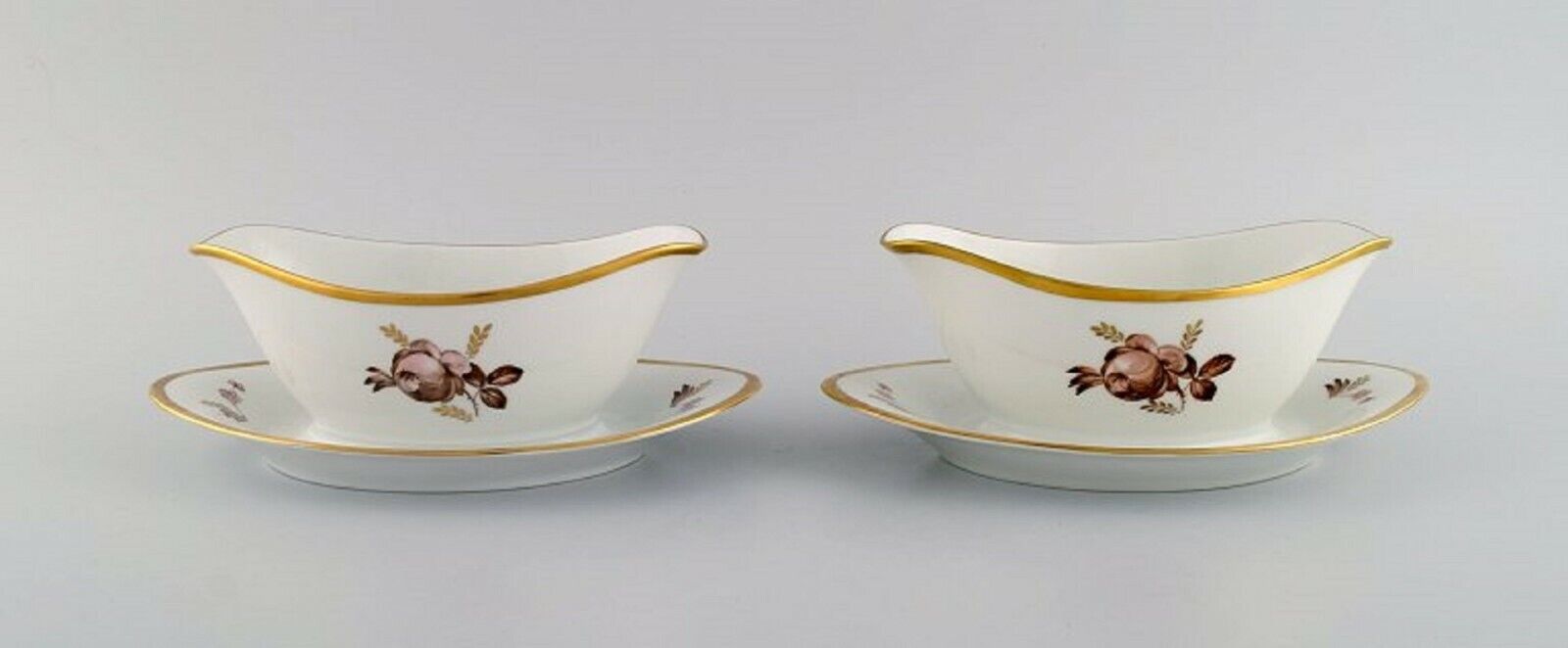 Two Royal Copenhagen Brown Rose sauce boats 1960s