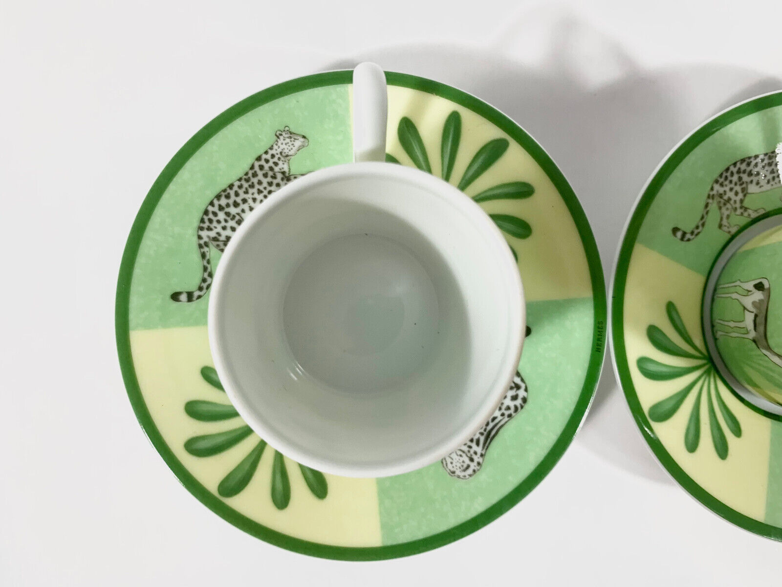 2x Hermes Africa Green Demitasse Espresso Coffee Cup and Saucer