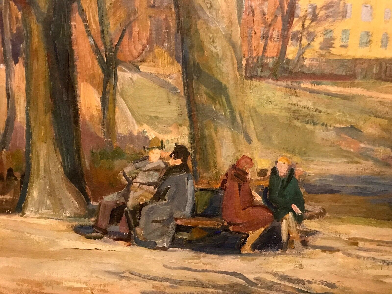 GOSSIPING ON PARK BENCH original oil painting