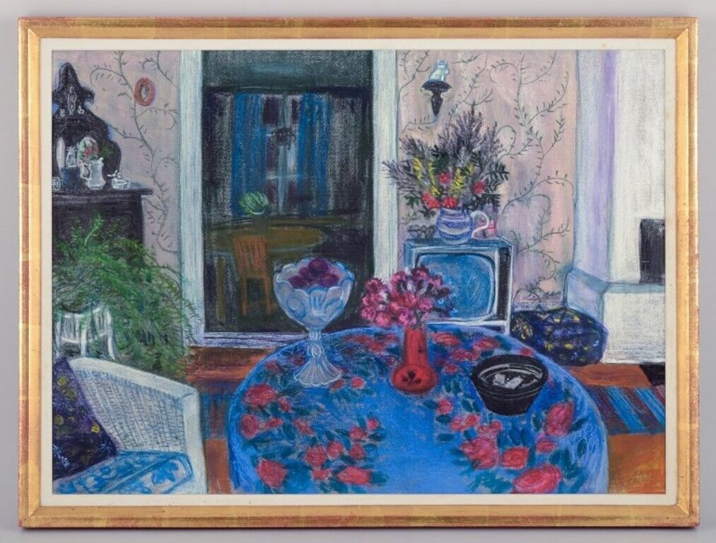 Evy Låås well listed Swedish artist Pastel on paper Living room interior