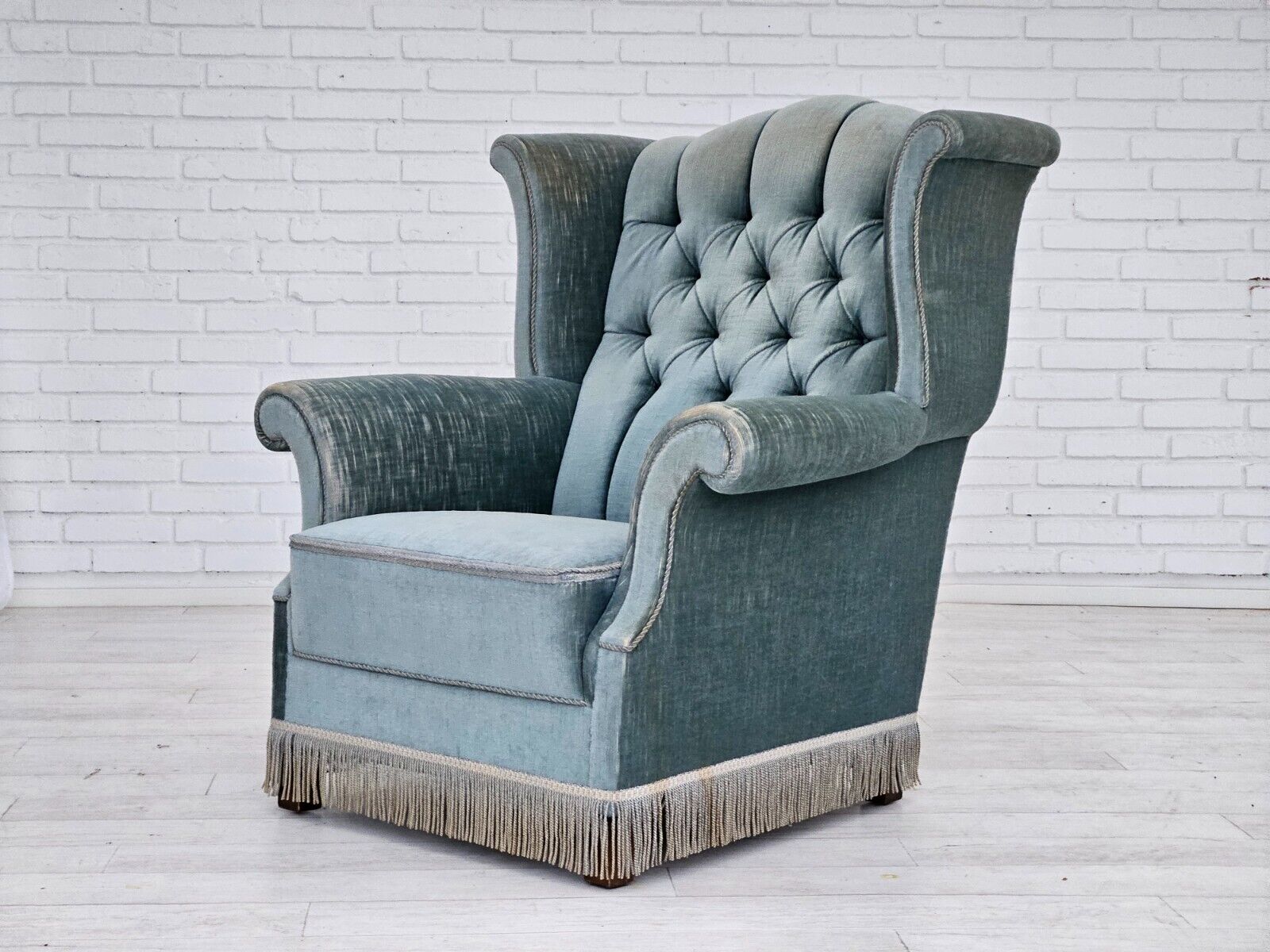 1960s Danish wingback armchair light blue velour original good condition