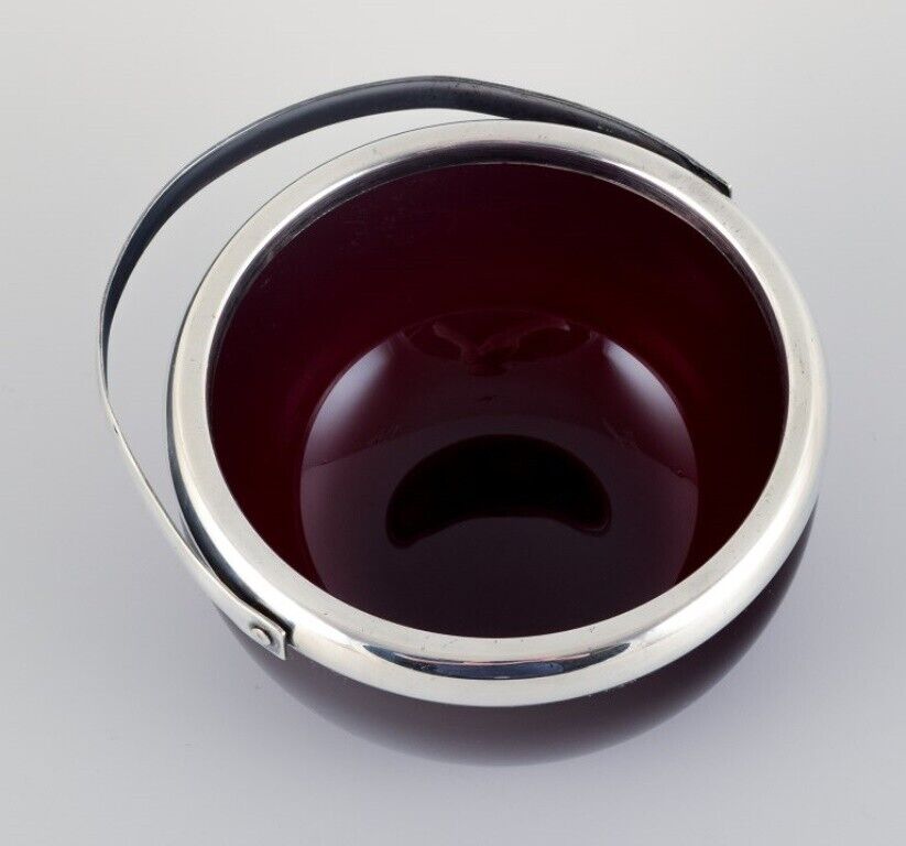 Danish sugar bowl in burgundy glass with silver mounting and handle 1920/30s