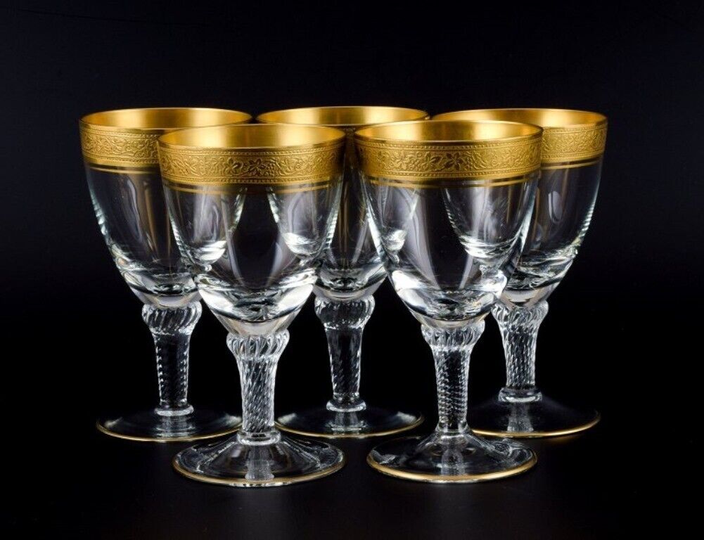 Rimpler Kristall Zwiesel Germany Five crystal white wine glasses with gold rim