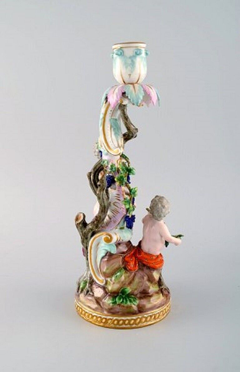 Antique Meissen Autumn figural candlestick in hand-painted porcelain 19th C