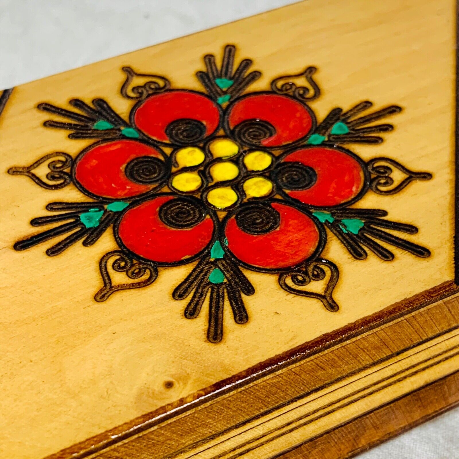 Vintage Russian Pyrography Painted Burned Wood Trinket Box Flower 21x8cm